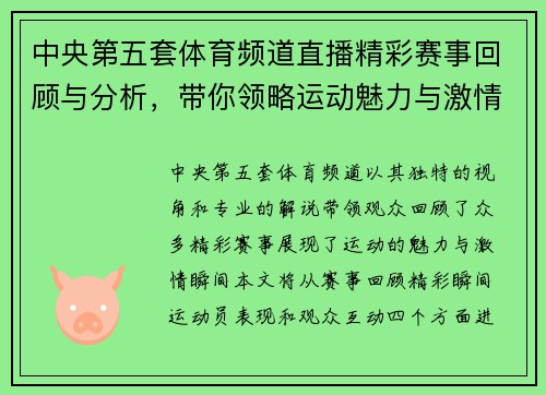 中央第五套体育频道直播精彩赛事回顾与分析，带你领略运动魅力与激情瞬间