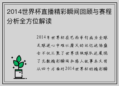 2014世界杯直播精彩瞬间回顾与赛程分析全方位解读
